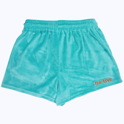 velour shorties in teal/orange with kilroys on kirkwood