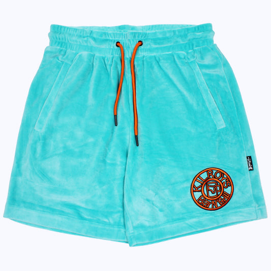 velour shorts in teal/orange with kilroys on kirkwood