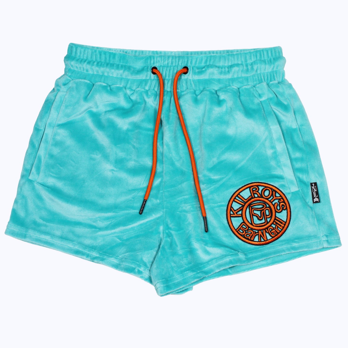 velour shorties in teal/orange with kilroys on kirkwood