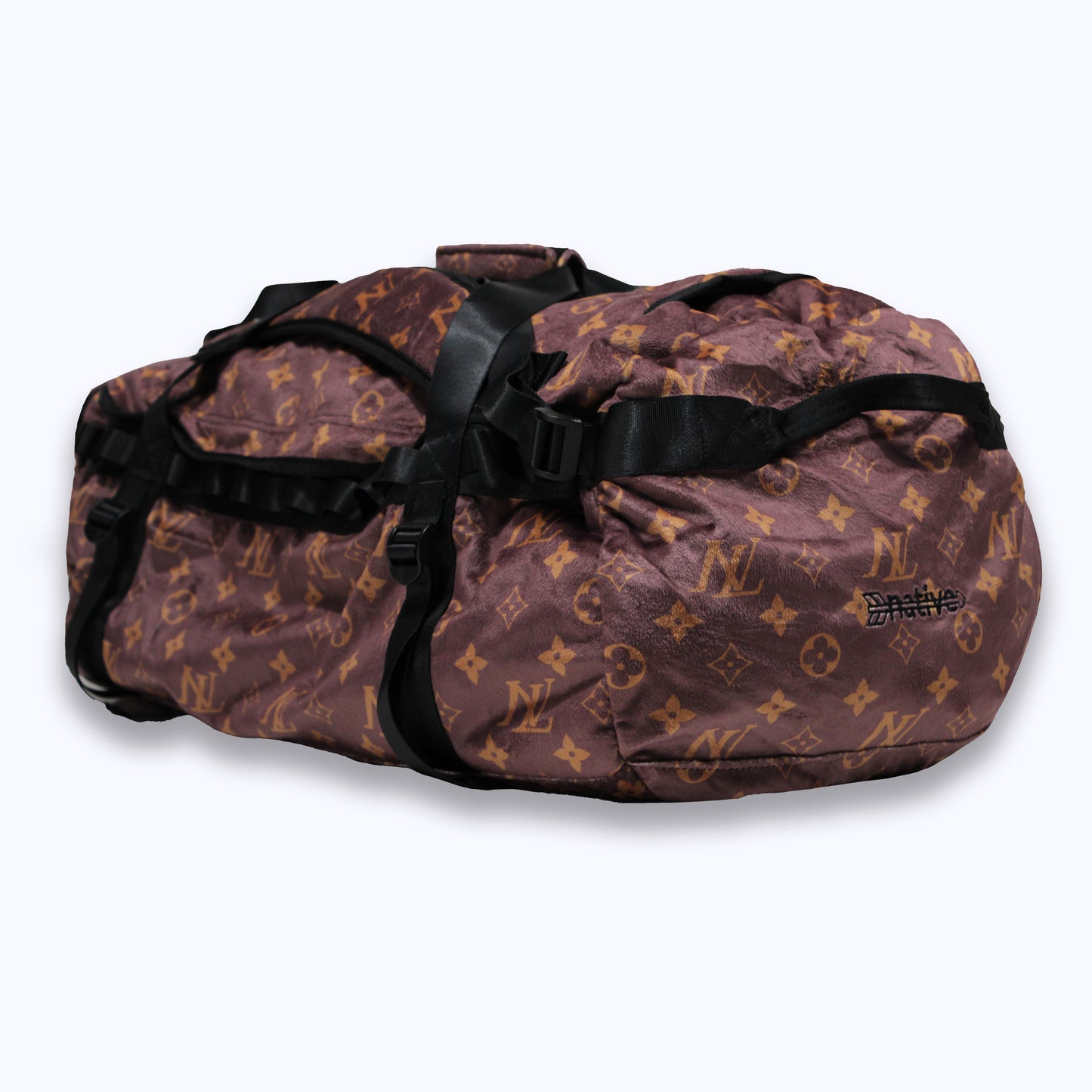 nl velour duffel bag backpack in brown/gold